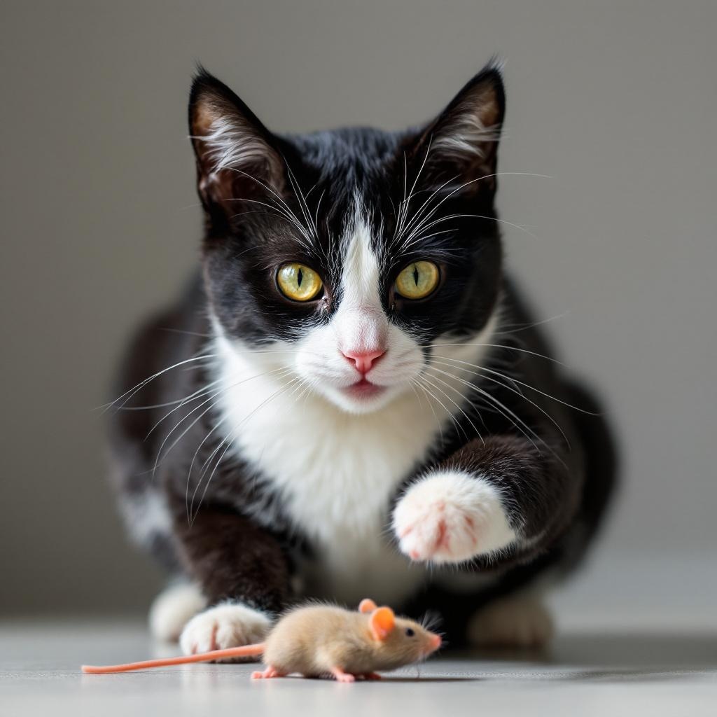 Practicing his pounce on the toy mouse