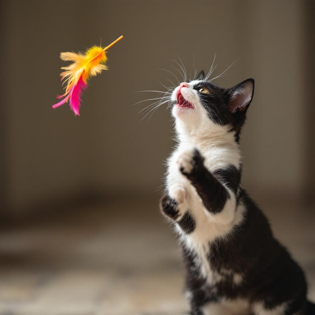 Luna delicately batting at her feather friend