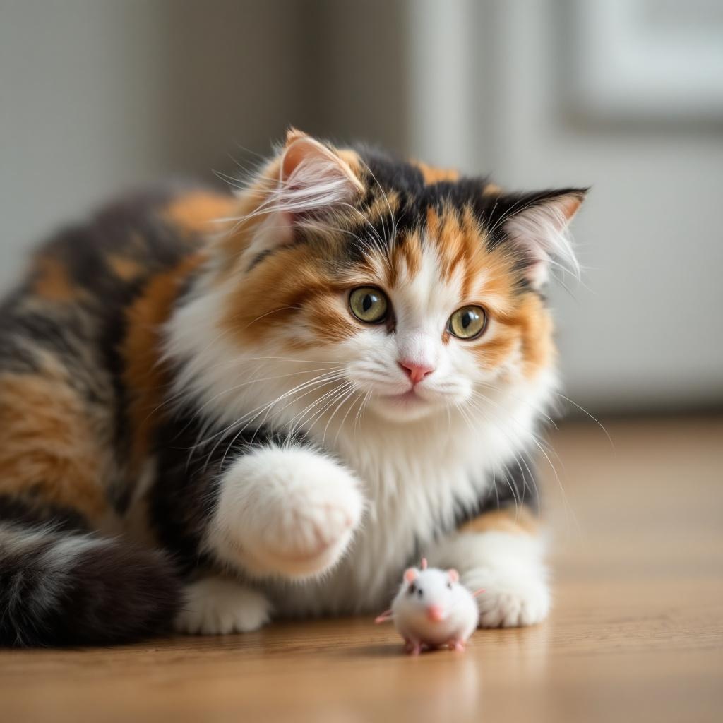 Gentle paw taps on her toy mouse friend
